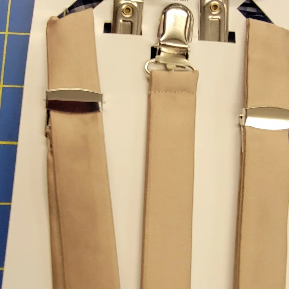 2 Piece Set of a Boys Suspender Tan & a Bowtie in Blue/White